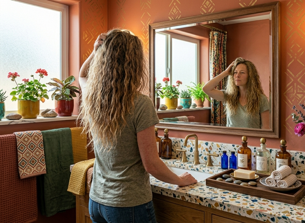 Donna che si tocca i capelli davanti allo specchio 