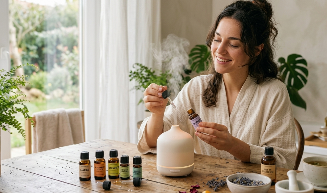 Donna che sta utilizzando il potere degli oli essenziali per combattere lo stress