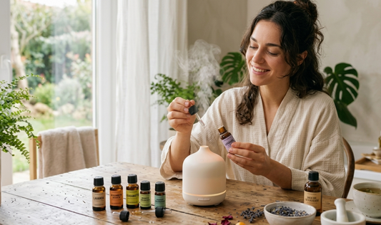 Donna che sta utilizzando il potere degli oli essenziali per combattere lo stress